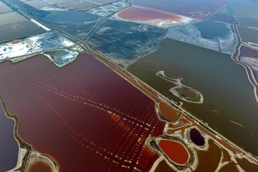 Aerial view of colorful salt lake in Shanxi province