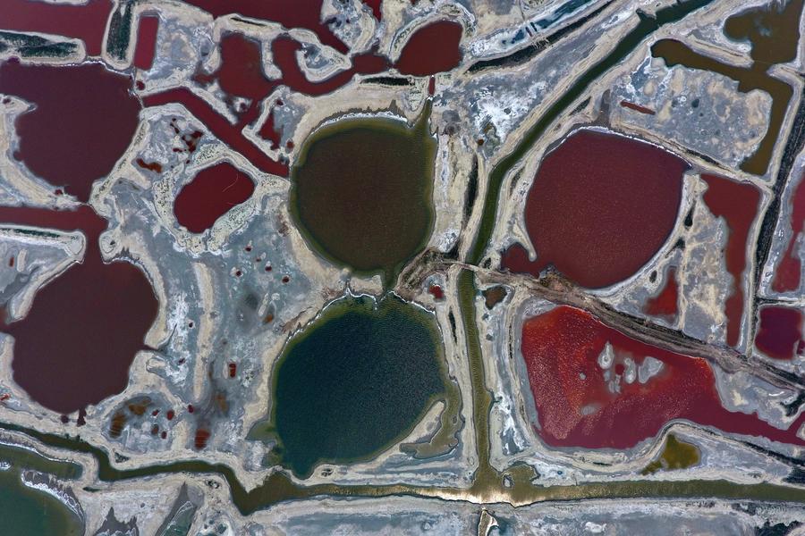 Aerial view of colorful salt lake in Shanxi province