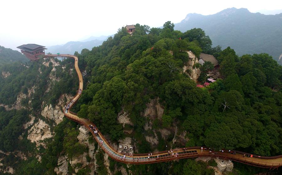 Scenery of plank road on cliff of Shaohua Mountain