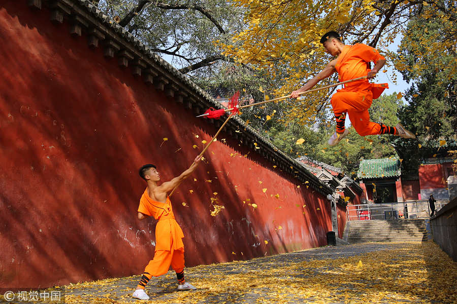Monks show kung fu stunts under Shaolin Temple tree