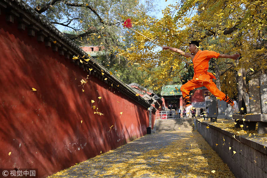 Monks show kung fu stunts under Shaolin Temple tree