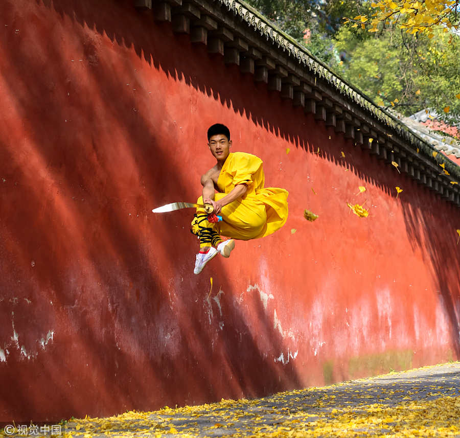 Monks show kung fu stunts under Shaolin Temple tree