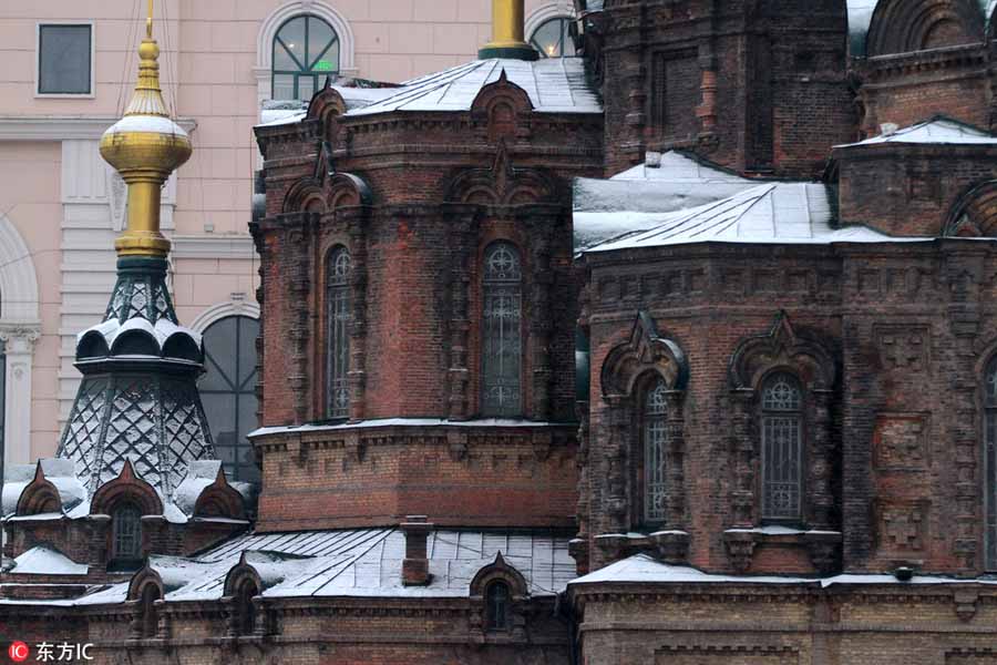 Harbin's iconic Saint Sophia Cathedral captured in snow