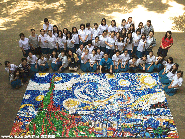 Students turn bottle caps into a beautiful canvas