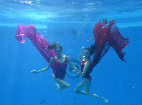 文婷姐妹拍水下婚纱照与海豚共舞