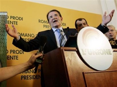 The Union center-left coaliton Leader Romano Prodi speaks to journalists during a press conference at his party headquarters, in Rome, Tuesday, April 11, 2006.
