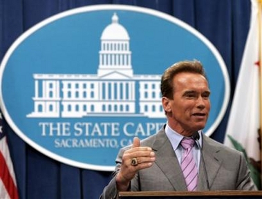 Gov. Arnold Schwarzenegger announced that he would order the California National Guard to the Mexican border during a Capitol news conference held in Sacramento, Calif., Thursday, June 1, 2006. Schwarzenegger said he would sign a two-page document promising the state's share of the 6,000 troops being mobilized as part of President Bush's plan to solve the nation's illegal immigration dilemma.[AP]