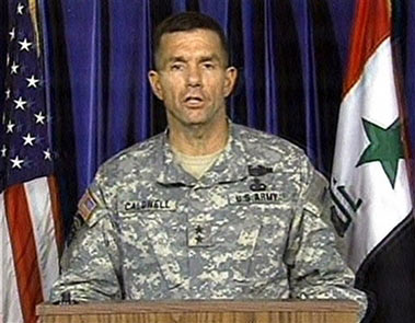 In this still from video footage released by the U.S. Army, Maj. Gen. William B. Caldwell speaks during a press conference in Baghdad Iraq, Saturday, June 17, 2006. The US military said troops searched Saturday for two soldiers that went missing after an attack that killed one of their comrades at a traffic checkpoint in the so-called 'Triangle of Death' just south of Baghdad. Caldwell said four raids were carried out since the Friday attack and that troops, helicopters and airplanes were taking part in the search.