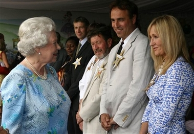 Britain's Queen Elizabeth II meets author J.K Rowling during a children's party at London's Buckingham Palace, Sunday June 25, 2006. Bob the Builder, J.K. Rowling and 2,000 children were due at Buckingham Palace on Sunday to take tea with Queen Elizabeth II. The palace gardens were being transformed into a fairy-tale playground for the party, held to mark the queen's 80th birthday and celebrate British children's literature. (AP Photo