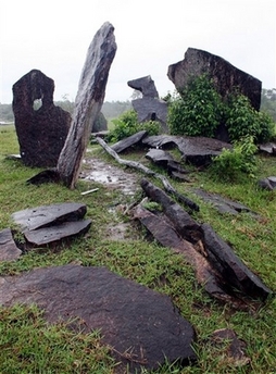 Granite blocks are seen in Amapa, Brazil, on May 10, 2006. A grouping of 127 granite blocks along a grassy Amazon hilltop may be the vestiges of South America's oldest astronomical observatory, according to archeologists who say the find challenges long-held assumptions about the region's prehistory. Farmers and fishermen in the region have known about this site, which local press reports have dubbed the 'tropical Stonehenge' for years, but archeologists only became aware of it thanks to a geological survey carried out in the region earlier in 2005. Scientists not involved in the discovery said they believed the site could provide a valuable key to understanding pre-Colombian societies in the Amazon. (AP Photo