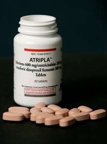 Atripla, a new fixed-dose once-a-day tablet for the treatment of HIV-1, is shown at the National Press Club in Washington, Wednesday, July 12, 2006. (AP Photo