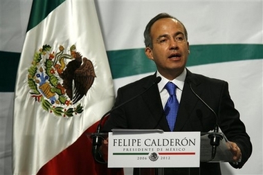 Mexican president-elect, Felipe Calderon, speaks to his supporters at his party headquarters in Mexico City, Mexico on Tuesday Sept. 5, 2006. Felipe Calderon became president-elect of Mexico on Tuesday, two months after disputed elections, when the nation's top electoral court voted unanimously to reject allegations of fraud and certify his narrow victory.(AP