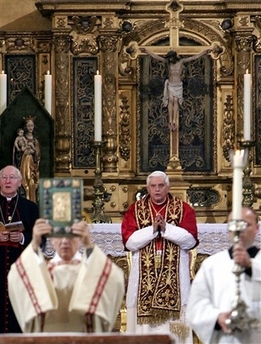 Pope Benedict XVI attends a ceremony inside Freising Cathedral, where he was ordained 55 years ago, near Munich, Germany, Thursday, Sept. 14, 2006. The pontiff closed a six-day trip to his native Germany that he made sure was more than just nostalgia by warning his compatriots against reason that denies God and raising the touchy topic of Islam and violence. In his last event, at Freising cathedral outside Munich, Benedict uncharacteristically tossed aside a prepared text _ instead speaking of his own frailty at age 79 and appealing to the audience of priests and bishops for help. (AP