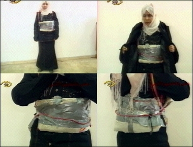 Photos taken from Jordanian TV show Iraqi Sajida Mubarak al-Rishawi, who accompanied her husband on a suicide mission in Amman and failed to detonate her explosive belt, displaying the belt during a televised confession on November 13, 2005. A Jordanian military court has sentenced Rishawi to death for triple hotel attacks in Amman last year that killed 60 people and shook one of the most stable nations in the Middle East.(AFP