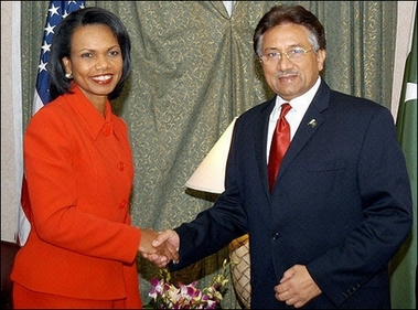 US Secretary of State Condoleezza Rice (L) shakes hands with Pakistani President Pervez Musharraf prior to a meeting in New York. Musharraf, still a valued US partner, visits the White House Friday after jarring the key anti-terror alliance by publicly critiquing US strategy.(AFP