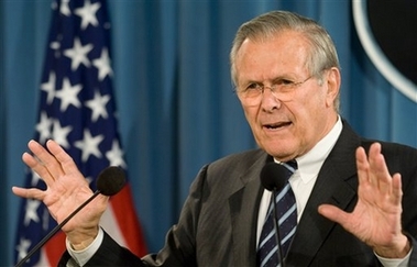 Defense Secretary Donald H. Rumsfeld gestures during a media briefing at the Pentagon concerning the war in Iraq, Thursday, Oct 26, 2006. (AP 