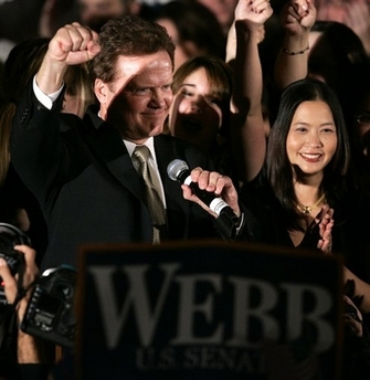 Senate candidate Jim Webb, D-Va., gestures during remarks in the early morning hours of an election night event on Wednesday, Nov. 8, 2006 in Vienna, Va. (AP 
