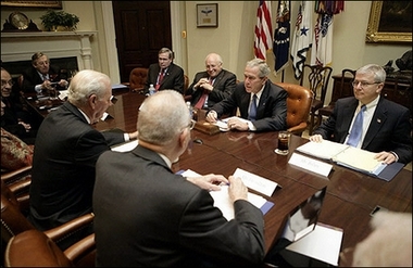 This picture released by the White House shows US President George W. Bush (2nd R) joined by National Security Adviser Stephen Hadley (R), Vice President Dick Cheney (2nd L) and Chief of Staff Josh Bolten (L) during a meeting with the Iraq Study Group, headed by former Secretary of State James Baker (L, facing Bush) and former Democratic lawmaker Lee Hamilton (R, facing Hadley) at the White House.(AFP