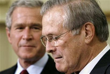 U.S. President George W. Bush with Defense Secretary Donald Rumsfeld after Bush announced Rumsfeld's replacement on November 8, 2006. Civil rights groups filed a suit with German prosecutors on Tuesday seeking war crimes charges against Rumsfeld for alleged abuse of detainees at Abu Ghraib and Guantanamo prisons.