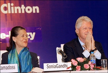 Former US President Bill Clinton(R) and Chairperson of the UPA Government Sonia Gandhi attend the launch of the National Paediatric HIV/AIDS Initiative at Lady Hardinge Medical College, in New Delhi. Clinton said setting a timetable to pull US troops out of Iraq would reduce US leverage on neighboring countries and on Iraqi leaders to help quell the violence.(AFP