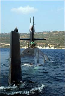 This file photo obtained from the US Navy shows the Los Angeles-class attack submarine USS Newport News departing Souda Bay harbor in Greece. The nuclear-powered submarine collided with a Japanese merchant ship in the Arabian Sea, the US Defense Department said.(AFP