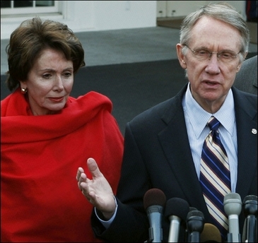 US Senate Majority Leader Harry Reid (R), D-NV, speaks as House Speaker Nancy Pelosi, D-CA, listens after a meeting with US President George W. Bush at the White House. Bush ordered more than 20,000 more troops into Iraq, as he admitted to mistakes there and warned Iraqi leaders they would lose US support if they failed to quell the violence(AFP/Getty Images