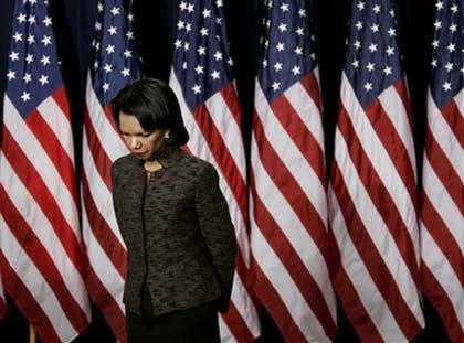 Secretary of State Condoleezza Rice takes questions from reporters about the details of President Bush's Iraq strategy during a news conference in the Eisenhower Executive Office Building adjacent to the White House in Washington, Thursday, Jan. 11, 2007. (AP Photo/J. Scott Applewhite) 