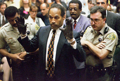 O.J. Simpson holds up his hands to the jury wearing the infamous gloves found at the crime scene and his home in this June 15, 1995 file photo. More than a decade after he was acquitted of charges that he murdered his ex-wife Nicole Brown Simpson and her friend Ron Goldman, O.J. will describe in a televised interview how he would have committed the crime if he was the one responsible in a special to air on the Fox Network November 27 and 29, 2006.