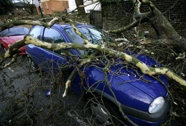 A wind-fallen tree squashes a parked car on the corner of Grove End Road and Abbey Road in London January 18, 2007.