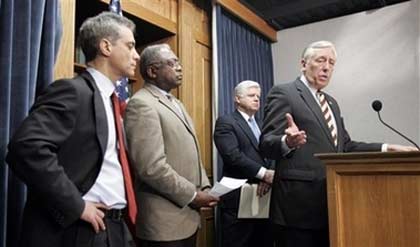 House Majority Leader Steny Hoyer, D-Md., right, speaks during a news conference on Capitol Hill in Washington, Tuesday, Feb. 13, 2007, following a closed meeting with House Democrats. From left are, Democratic Caucus Chairman Rep. Rahm Emanuel, D-Ill, House Majority Whip Jim Clyburn of S.C., Hoyer, and Rep. John Larson, D-Conn. (AP Photo