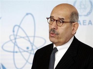 IAEA's Director General Mohamed ElBaradei speaks at a press briefing during the International Atomic Energy Agency's (IAEA) 35-nation board of governors meeting, on Monday, March 5, 2007, at Vienna's International Center. 