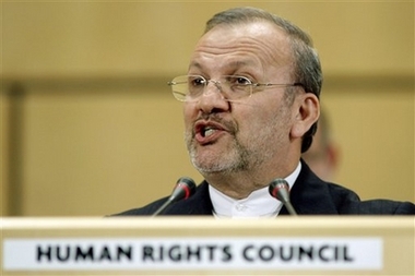 The Minister of Foreign Affairs of Iran, Manouchehr Mottaki, delivers his speech during the fourth UN Human Rights Council at the European headquarters of the United Nations in Geneva, Switzerland, Monday, March 12, 2007. 