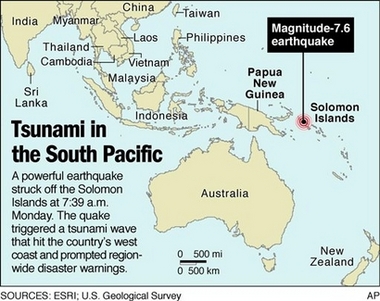 A powerful magnitude-7.6 earthquake struck off the Solomon Islands, sending a tsunami wave crashing into the country's west coast and prompting region-wide disaster warnings, officials said Monday, April 2, 2007. (AP 