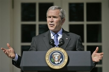President Bush speaks in the Rose Garden of the White House in Washington, Tuesday, April 3, 2007.