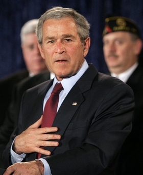 President Bush delivers remarks on the Iraq war supplemental, Tuesday, April 10,2007, at American Legion Post 177 in Fairfax, Va.
