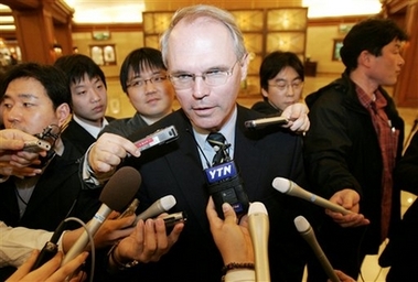 U.S. Assistant Secretary of State Christopher Hill talks to the media after a luncheon meeting with his South Korean counterpart Chun Young-woo in Seoul Thursday, April 12, 2007.