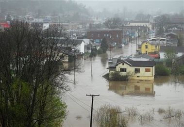 Streets are shown underwater in Danville, W.Va., Sunday, April 15, 2007, after overnight storms flooded many out of their homes in Southern West Virginia.