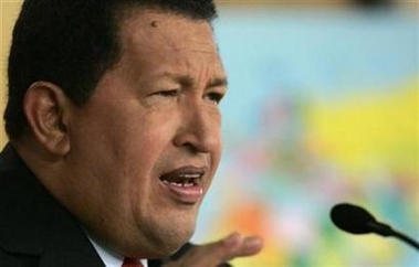 Venezuela's President Hugo Chavez speaks during a news conference at Miraflores Palace in Caracas April 13, 2007.