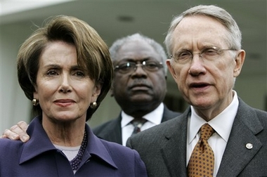 House Speaker Nancy Pelosi of Calf., left, Senate Majority Leader Sen. Harry Reid of Nev., right, and House Majority Whip James Clyburn of S.C., meet with reporters outside the White House in Washington, Wednesday, April 18, 2007, following a meeting between President Bush and Congressional leaders. (AP 