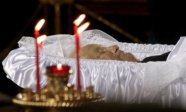 The coffin of former Russian president Boris Yeltsin inside Christ the Savior Cathedral, during a farewell ceremony, Moscow, Tuesday, April 24, 2007.