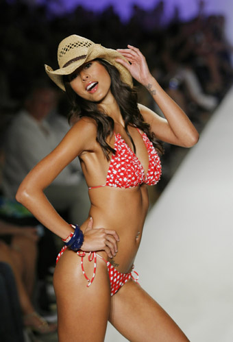 A model shows a swimwear from the collection of Jessica Simpson during 