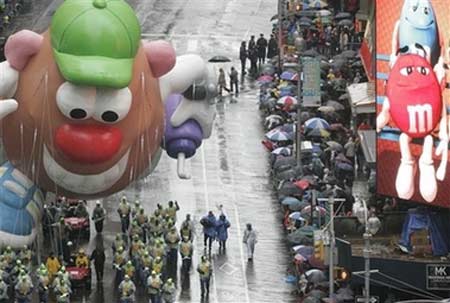 Macy's balloons fly through rain, wind