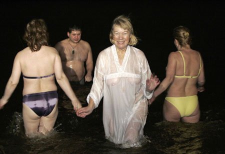 People bath in Moskva river in Moscow