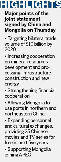 Vital deals signed on Xi's trip to Mongolia