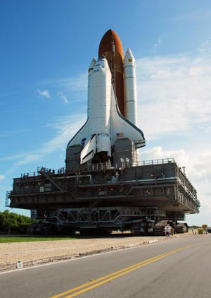 Discovery rolled out to its Florida launch pad early Saturday, awaiting for the upcoming flight late May