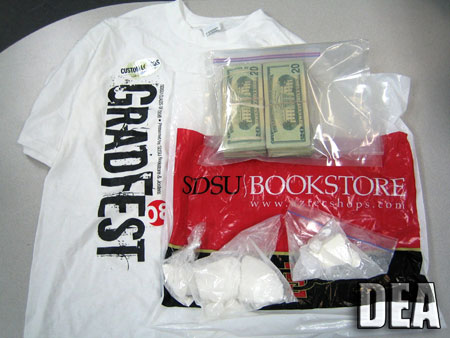 A U.S. Drug Enforcement Agency photo shows drugs and cash confiscated as part of a five-month undercover drug investigation at the San Diego State University campus, in this undated handout photo from the DEA released May 6, 2008.
