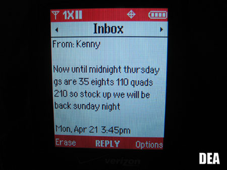 A U.S. Drug Enforcement Agency evidence photo of a text message stating drug prices is shown in this undated handout photo from the DEA released May 6, 2008.
