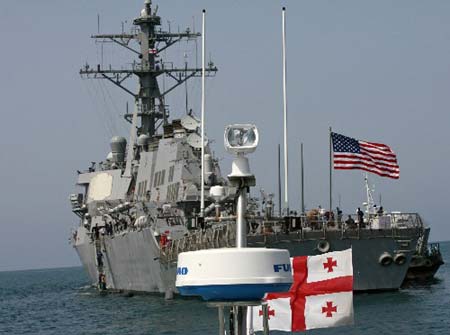 USS McFaul anchors at Georgia&apos;s Black Sea port of Batumi, as seen from the deck of a Georgian naval boat, August 24, 2008.