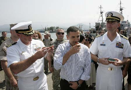 USS McFaul anchors at Georgia&apos;s Black Sea port of Batumi, as seen from the deck of a Georgian naval boat, August 24, 2008.