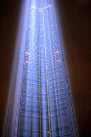 The Montparnasse tower is lit in blue light, as a part of the 7th 